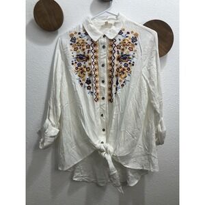 Oddy Floral Embroidered V-neck Button Up Top Large White Boho Folk Western